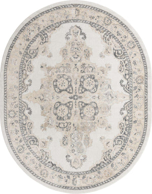 Ivory 7' 10 x 10' Parker Oval Area Rug Traditional Motif Classic Design Stain Resistant Carpet for Living, Dining, Bedrooms, Kitchen, Office for Sale at Rug Engine