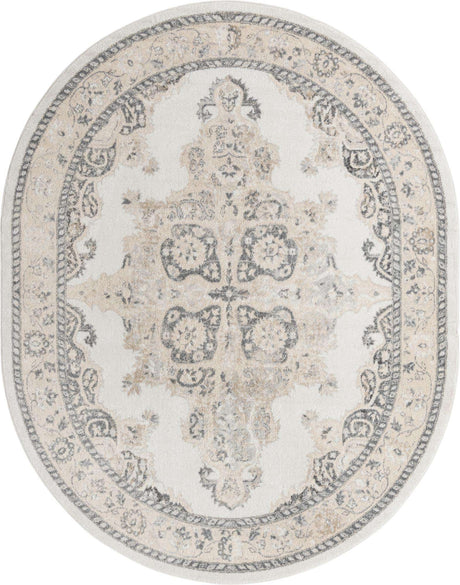 Ivory 7' 10 x 10' Parker Oval Area Rug Traditional Motif Classic Design Stain Resistant Carpet for Living, Dining, Bedrooms, Kitchen, Office for Sale at Rug Engine