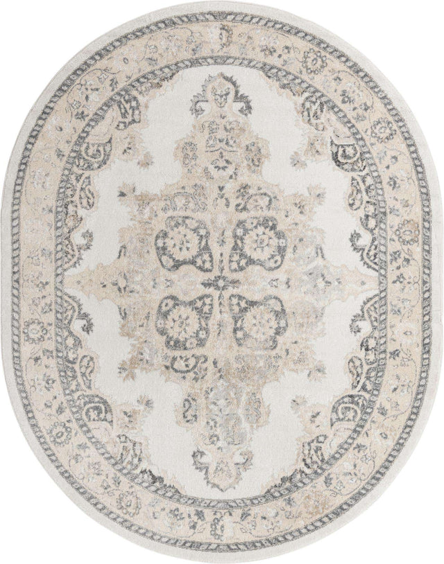 Ivory 7' 10 x 10' Parker Oval Area Rug Traditional Motif Classic Design Stain Resistant Carpet for Living, Dining, Bedrooms, Kitchen, Office for Sale at Rug Engine