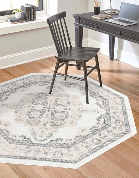 Ivory 5' x 5' Parker Octagon Area Rug Traditional Motif Classic Design Stain Resistant Carpet for Living, Dining, Bedrooms, Kitchen, Office for Sale at Rug Engine