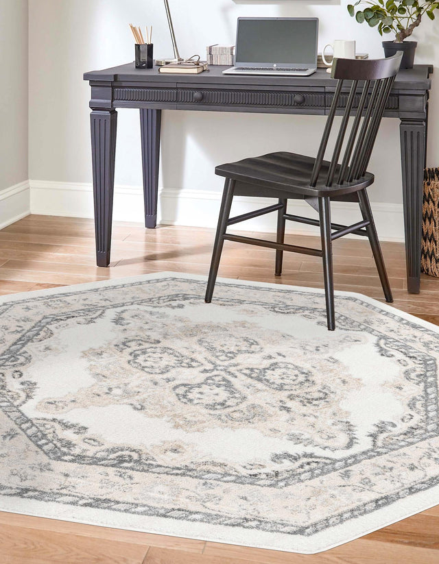 Ivory 7' 10 x 7' 10 Parker Octagon Area Rug Traditional Motif Classic Design Stain Resistant Carpet for Living, Dining, Bedrooms, Kitchen, Office for Sale at Rug Engine