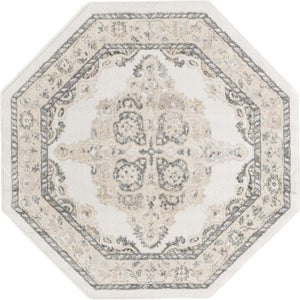 Ivory 5' x 5' Parker Octagon Area Rug Traditional Motif Classic Design Stain Resistant Carpet for Living, Dining, Bedrooms, Kitchen, Office for Sale at Rug Engine