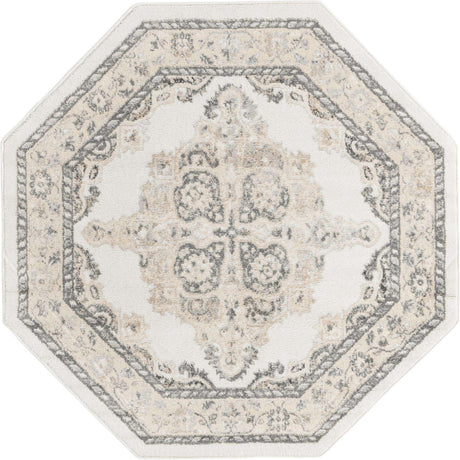 Ivory 5' x 5' Parker Octagon Area Rug Traditional Motif Classic Design Stain Resistant Carpet for Living, Dining, Bedrooms, Kitchen, Office for Sale at Rug Engine