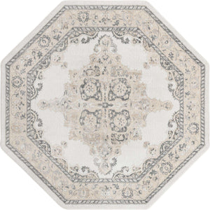Ivory 7' 10 x 7' 10 Parker Octagon Area Rug Traditional Motif Classic Design Stain Resistant Carpet for Living, Dining, Bedrooms, Kitchen, Office for Sale at Rug Engine