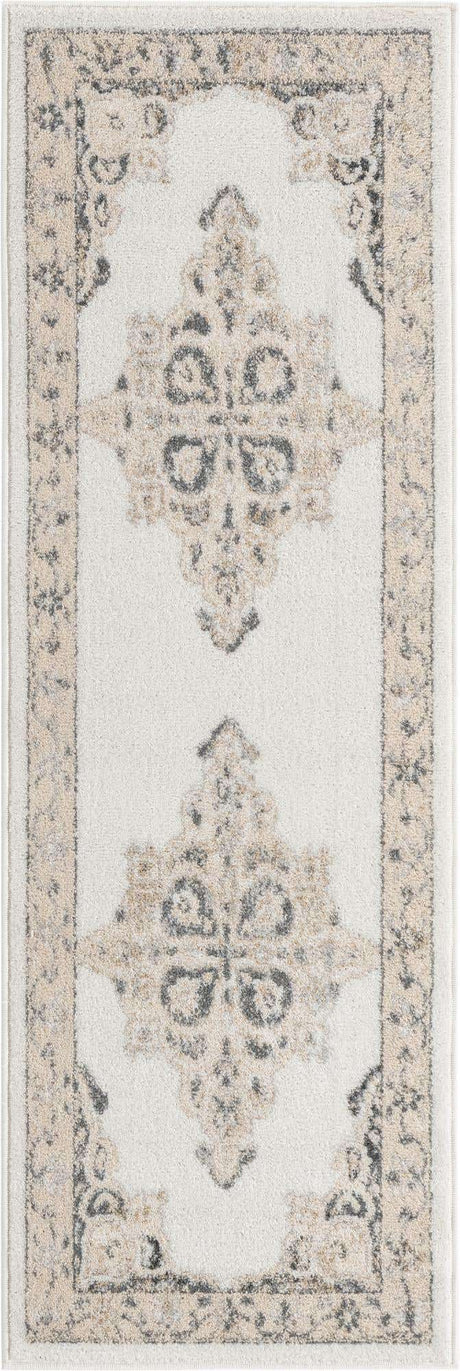 Ivory 2' x 6' Parker Runner Area Rug Traditional Motif Classic Design Stain Resistant Carpet for Living, Dining, Bedrooms, Kitchen, Office for Sale at Rug Engine