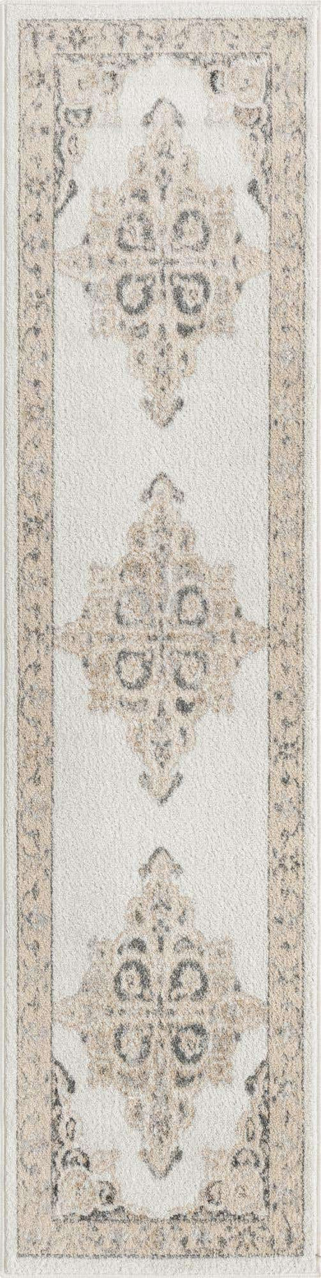Ivory 2' x 8' Parker Runner Area Rug Traditional Motif Classic Design Stain Resistant Carpet for Living, Dining, Bedrooms, Kitchen, Office for Sale at Rug Engine