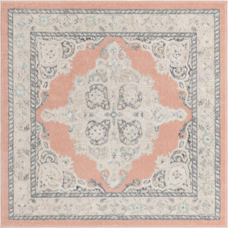 Rose 5' x 5' Parker Square Area Rug Traditional Motif Classic Design Stain Resistant Carpet for Living, Dining, Bedrooms, Kitchen, Office for Sale at Rug Engine