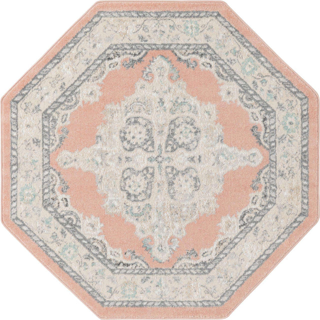 Rose 5' x 5' Parker Octagon Area Rug Traditional Motif Classic Design Stain Resistant Carpet for Living, Dining, Bedrooms, Kitchen, Office for Sale at Rug Engine