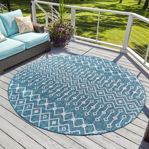Teal 6' 1 x 6' 1 Outdoor Trellis Round Area Rug Weather Resistant for Patio, Deck, Terrace, Balcony, Porch Geometric Design Water Safe Outside Carpet for Sale at Rug Engine