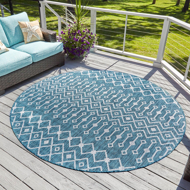 Teal 6' 1 x 6' 1 Outdoor Trellis Round Area Rug Weather Resistant for Patio, Deck, Terrace, Balcony, Porch Geometric Design Water Safe Outside Carpet for Sale at Rug Engine