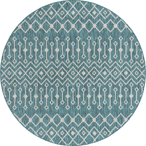 Teal 7' 10 x 7' 10 Outdoor Trellis Round Area Rug Weather Resistant for Patio, Deck, Terrace, Balcony, Porch Geometric Design Water Safe Outside Carpet for Sale at Rug Engine
