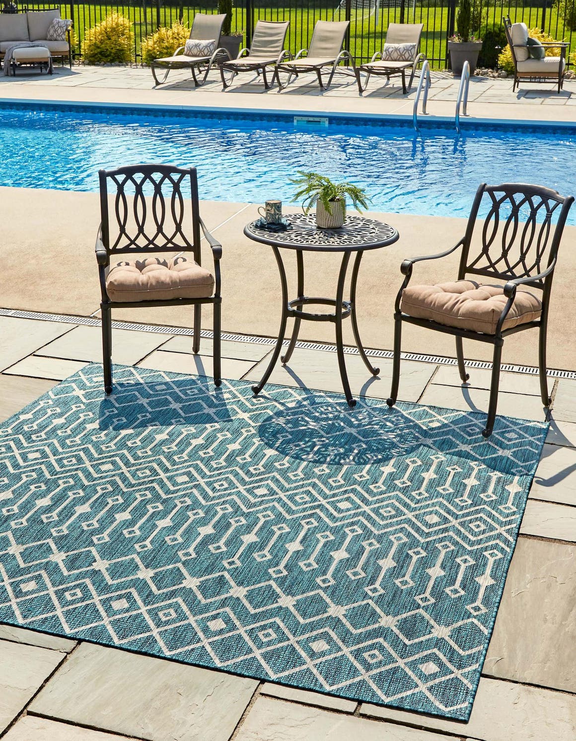 Teal 10' 8 x 10' 8 Outdoor Trellis Square Area Rug Weather Resistant for Patio, Deck, Terrace, Balcony, Porch Geometric Design Water Safe Outside Carpet for Sale at Rug Engine