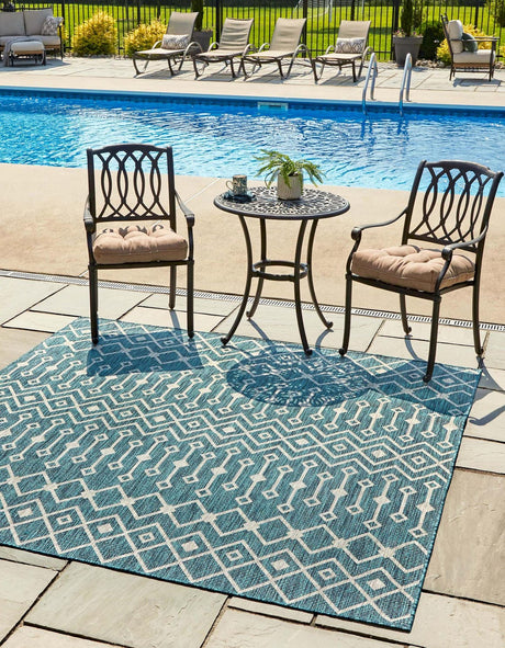 Teal 10' 8 x 10' 8 Outdoor Trellis Square Area Rug Weather Resistant for Patio, Deck, Terrace, Balcony, Porch Geometric Design Water Safe Outside Carpet for Sale at Rug Engine