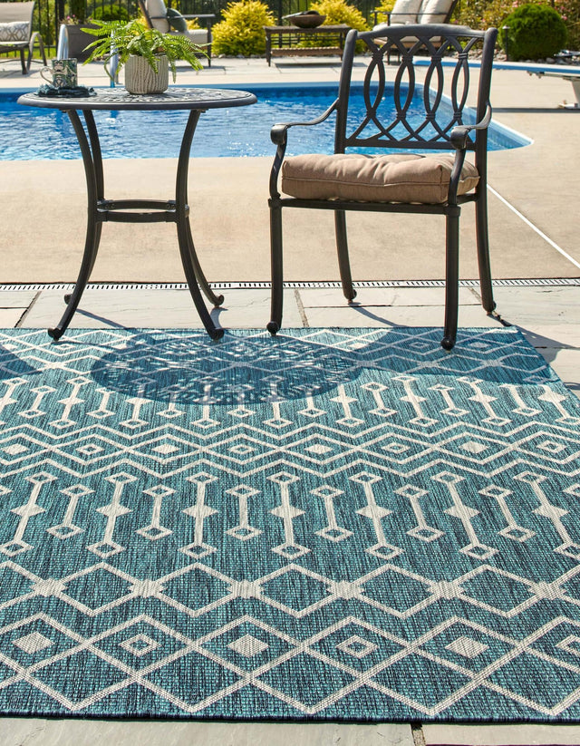 Teal 5' 3 x 5' 3 Outdoor Trellis Square Area Rug Weather Resistant for Patio, Deck, Terrace, Balcony, Porch Geometric Design Water Safe Outside Carpet for Sale at Rug Engine