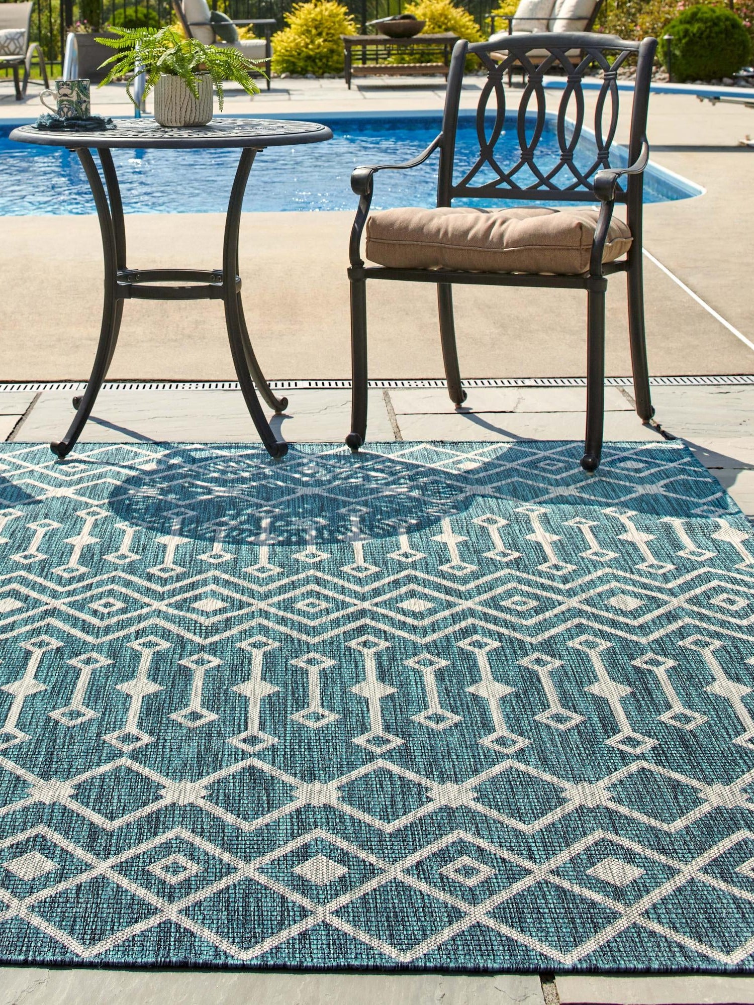 Teal 13' 1 x 13' 1 Outdoor Trellis Square Area Rug Weather Resistant for Patio, Deck, Terrace, Balcony, Porch Geometric Design Water Safe Outside Carpet for Sale at Rug Engine