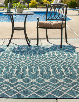 Teal 13' 1 x 13' 1 Outdoor Trellis Square Area Rug Weather Resistant for Patio, Deck, Terrace, Balcony, Porch Geometric Design Water Safe Outside Carpet for Sale at Rug Engine