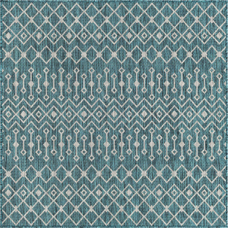 Teal 7' 10 x 7' 10 Outdoor Trellis Square Area Rug Weather Resistant for Patio, Deck, Terrace, Balcony, Porch Geometric Design Water Safe Outside Carpet for Sale at Rug Engine