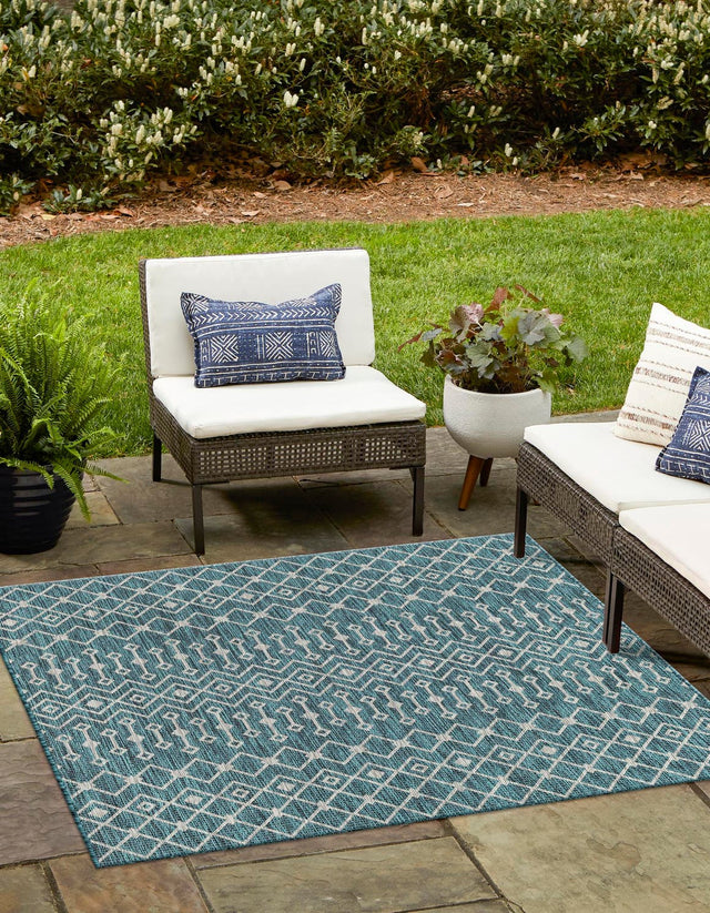 Teal 5' 3 x 5' 3 Outdoor Trellis Square Area Rug Weather Resistant for Patio, Deck, Terrace, Balcony, Porch Geometric Design Water Safe Outside Carpet for Sale at Rug Engine