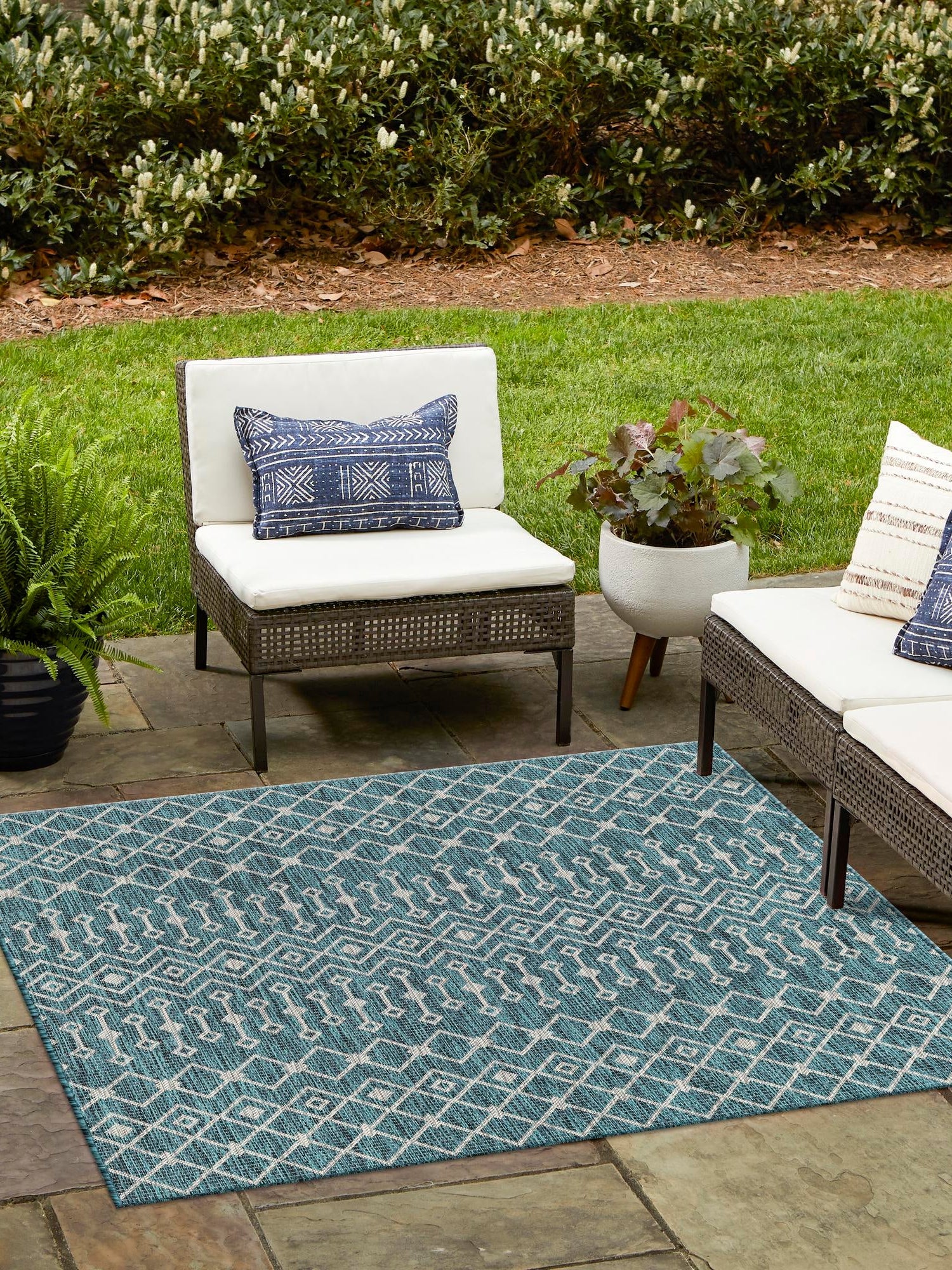 Teal 6' 1 x 6' 1 Outdoor Trellis Square Area Rug Weather Resistant for Patio, Deck, Terrace, Balcony, Porch Geometric Design Water Safe Outside Carpet for Sale at Rug Engine