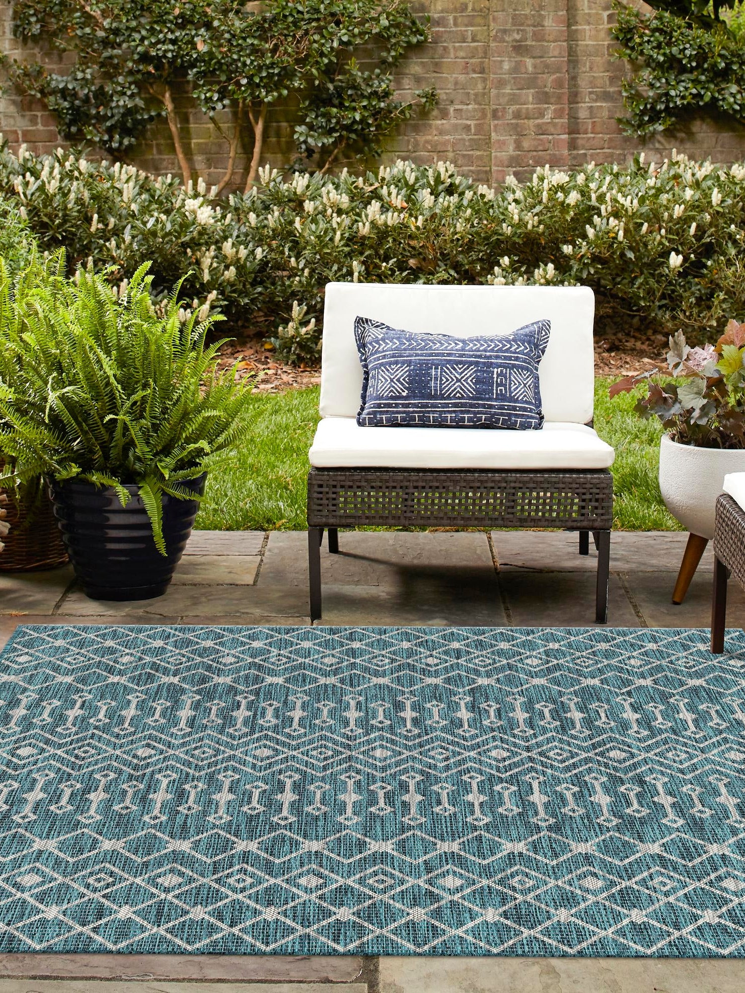 Teal 10' 8 x 10' 8 Outdoor Trellis Square Area Rug Weather Resistant for Patio, Deck, Terrace, Balcony, Porch Geometric Design Water Safe Outside Carpet for Sale at Rug Engine