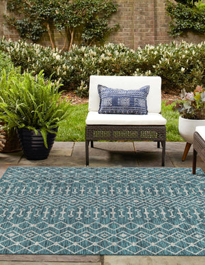 Teal 13' 1 x 13' 1 Outdoor Trellis Square Area Rug Weather Resistant for Patio, Deck, Terrace, Balcony, Porch Geometric Design Water Safe Outside Carpet for Sale at Rug Engine