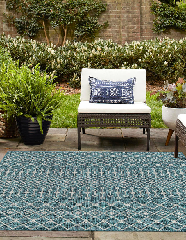 Teal 13' 1 x 13' 1 Outdoor Trellis Square Area Rug Weather Resistant for Patio, Deck, Terrace, Balcony, Porch Geometric Design Water Safe Outside Carpet for Sale at Rug Engine
