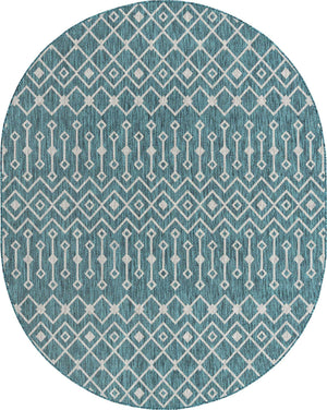 Teal 7' 10 x 10' Outdoor Trellis Oval Area Rug Weather Resistant for Patio, Deck, Terrace, Balcony, Porch Geometric Design Water Safe Outside Carpet for Sale at Rug Engine
