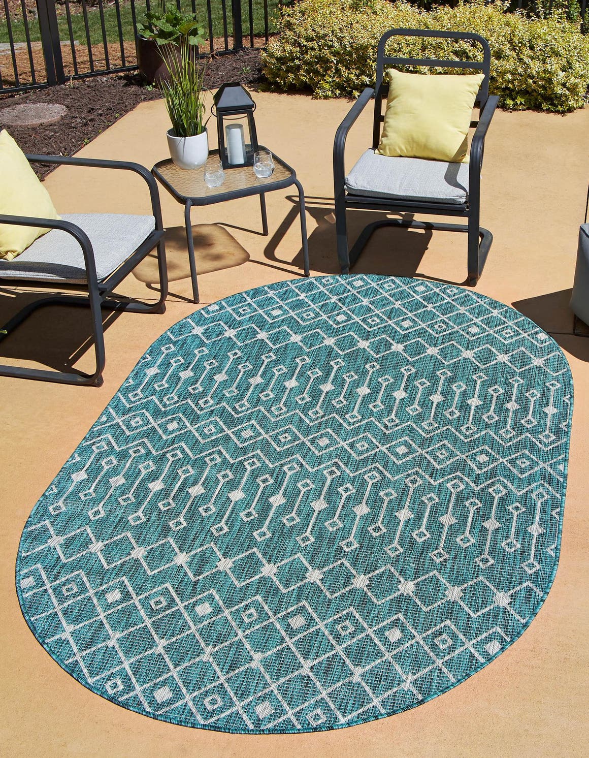 Teal 3' 1 x 5' 3 Outdoor Trellis Oval Area Rug Weather Resistant for Patio, Deck, Terrace, Balcony, Porch Geometric Design Water Safe Outside Carpet for Sale at Rug Engine