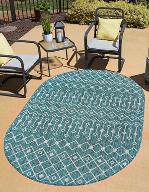 Teal 3' 1 x 5' 3 Outdoor Trellis Oval Area Rug Weather Resistant for Patio, Deck, Terrace, Balcony, Porch Geometric Design Water Safe Outside Carpet for Sale at Rug Engine
