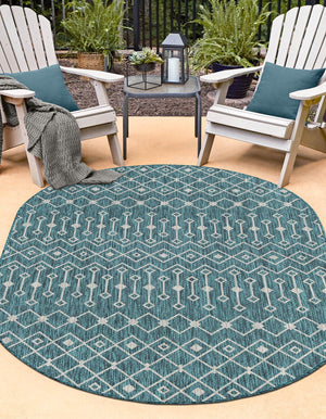 Teal 3' 1 x 5' 3 Outdoor Trellis Oval Area Rug Weather Resistant for Patio, Deck, Terrace, Balcony, Porch Geometric Design Water Safe Outside Carpet for Sale at Rug Engine