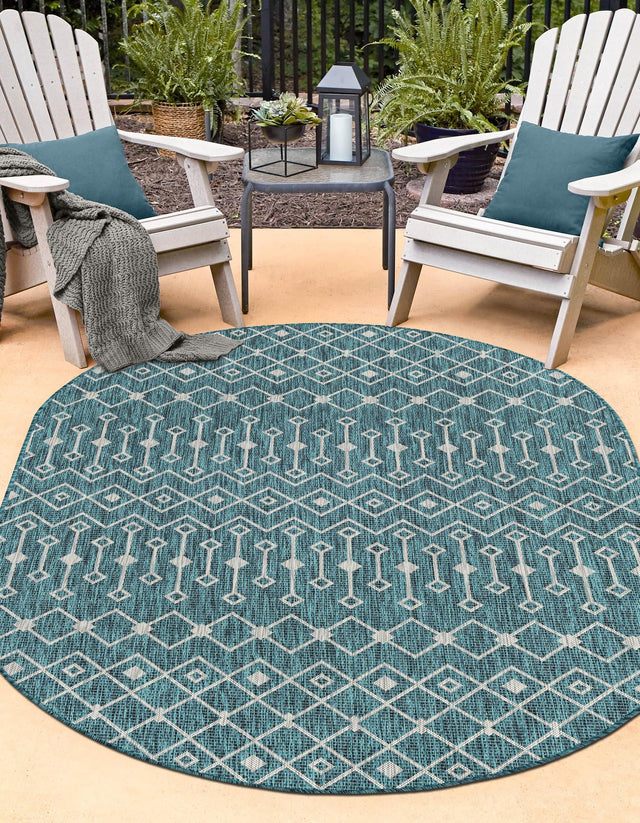 Teal 3' 1 x 5' 3 Outdoor Trellis Oval Area Rug Weather Resistant for Patio, Deck, Terrace, Balcony, Porch Geometric Design Water Safe Outside Carpet for Sale at Rug Engine