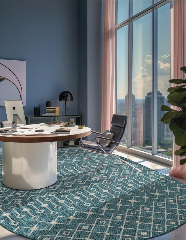 Teal 3' 1 x 5' 3 Outdoor Trellis Oval Area Rug Weather Resistant for Patio, Deck, Terrace, Balcony, Porch Geometric Design Water Safe Outside Carpet for Sale at Rug Engine