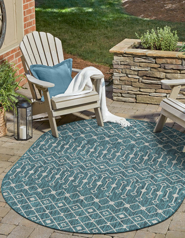 Teal 3' 1 x 5' 3 Outdoor Trellis Oval Area Rug Weather Resistant for Patio, Deck, Terrace, Balcony, Porch Geometric Design Water Safe Outside Carpet for Sale at Rug Engine