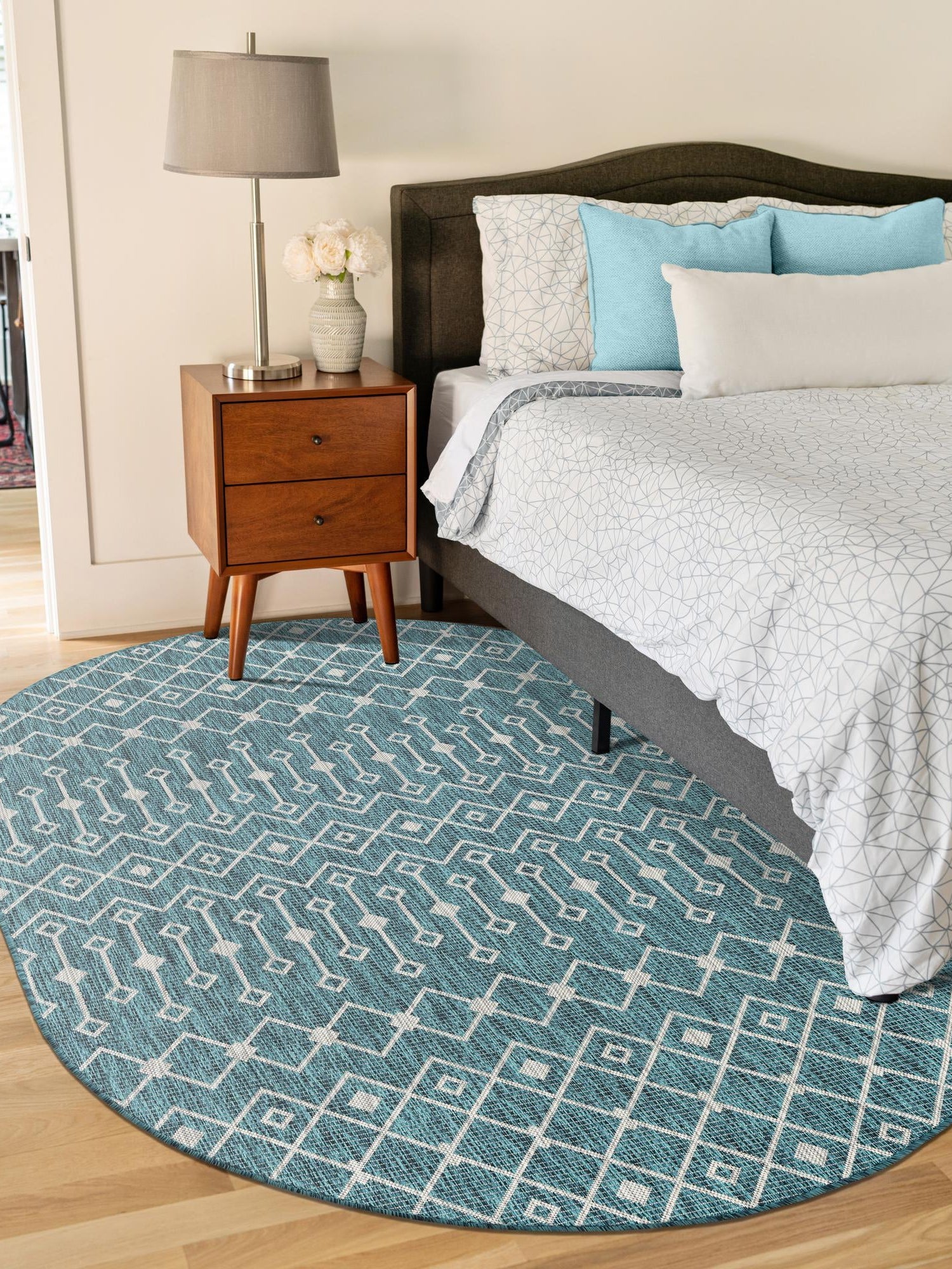 Teal 3' 1 x 5' 3 Outdoor Trellis Oval Area Rug Weather Resistant for Patio, Deck, Terrace, Balcony, Porch Geometric Design Water Safe Outside Carpet for Sale at Rug Engine