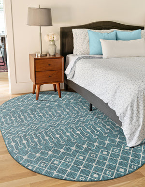 Teal 3' 1 x 5' 3 Outdoor Trellis Oval Area Rug Weather Resistant for Patio, Deck, Terrace, Balcony, Porch Geometric Design Water Safe Outside Carpet for Sale at Rug Engine