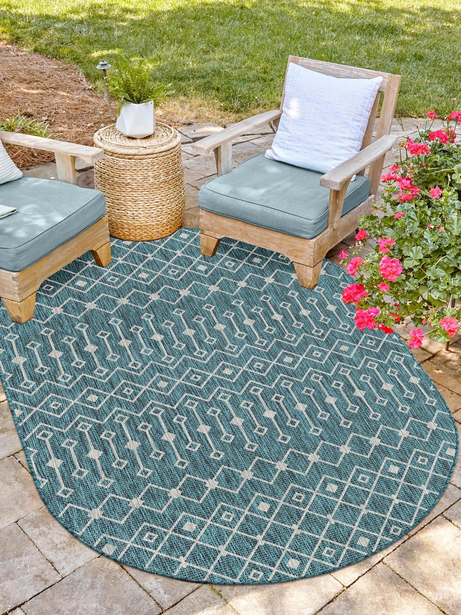 Teal 3' 1 x 5' 3 Outdoor Trellis Oval Area Rug Weather Resistant for Patio, Deck, Terrace, Balcony, Porch Geometric Design Water Safe Outside Carpet for Sale at Rug Engine