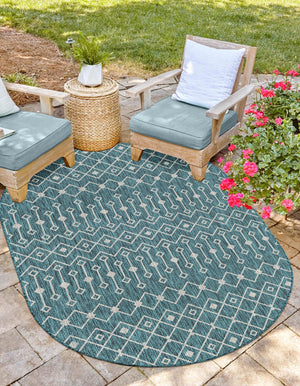 Teal 3' 1 x 5' 3 Outdoor Trellis Oval Area Rug Weather Resistant for Patio, Deck, Terrace, Balcony, Porch Geometric Design Water Safe Outside Carpet for Sale at Rug Engine