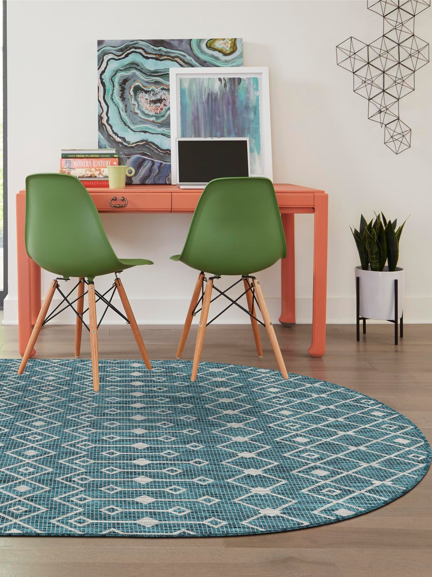 Teal 7' 10 x 10' Outdoor Trellis Oval Area Rug Weather Resistant for Patio, Deck, Terrace, Balcony, Porch Geometric Design Water Safe Outside Carpet for Sale at Rug Engine