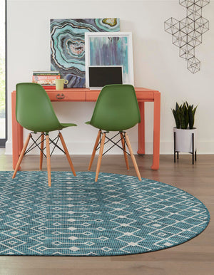 Teal 3' 1 x 5' 3 Outdoor Trellis Oval Area Rug Weather Resistant for Patio, Deck, Terrace, Balcony, Porch Geometric Design Water Safe Outside Carpet for Sale at Rug Engine