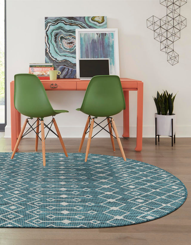 Teal 3' 1 x 5' 3 Outdoor Trellis Oval Area Rug Weather Resistant for Patio, Deck, Terrace, Balcony, Porch Geometric Design Water Safe Outside Carpet for Sale at Rug Engine