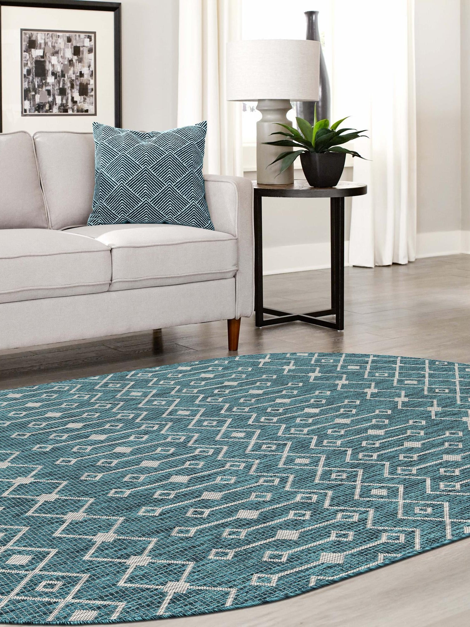 Teal 3' 1 x 5' 3 Outdoor Trellis Oval Area Rug Weather Resistant for Patio, Deck, Terrace, Balcony, Porch Geometric Design Water Safe Outside Carpet for Sale at Rug Engine