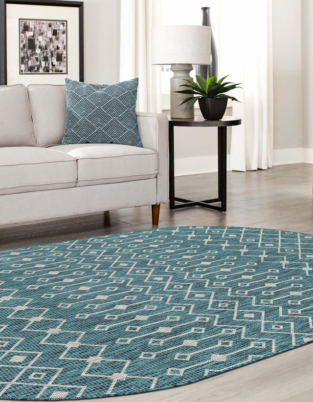 Teal 3' 1 x 5' 3 Outdoor Trellis Oval Area Rug Weather Resistant for Patio, Deck, Terrace, Balcony, Porch Geometric Design Water Safe Outside Carpet for Sale at Rug Engine