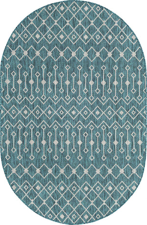 Teal 5' 3 x 8' Outdoor Trellis Oval Area Rug Weather Resistant for Patio, Deck, Terrace, Balcony, Porch Geometric Design Water Safe Outside Carpet for Sale at Rug Engine