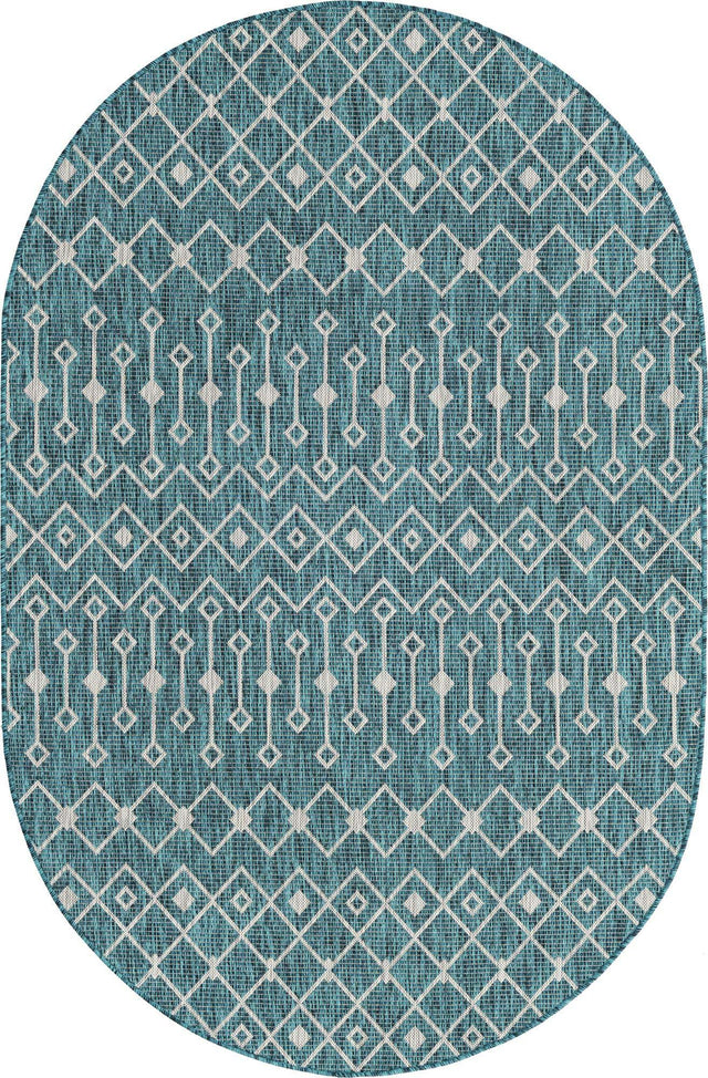 Teal 5' 3 x 8' Outdoor Trellis Oval Area Rug Weather Resistant for Patio, Deck, Terrace, Balcony, Porch Geometric Design Water Safe Outside Carpet for Sale at Rug Engine