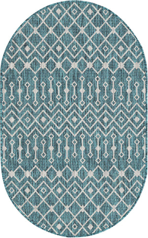 Teal 3' 1 x 5' 3 Outdoor Trellis Oval Area Rug Weather Resistant for Patio, Deck, Terrace, Balcony, Porch Geometric Design Water Safe Outside Carpet for Sale at Rug Engine