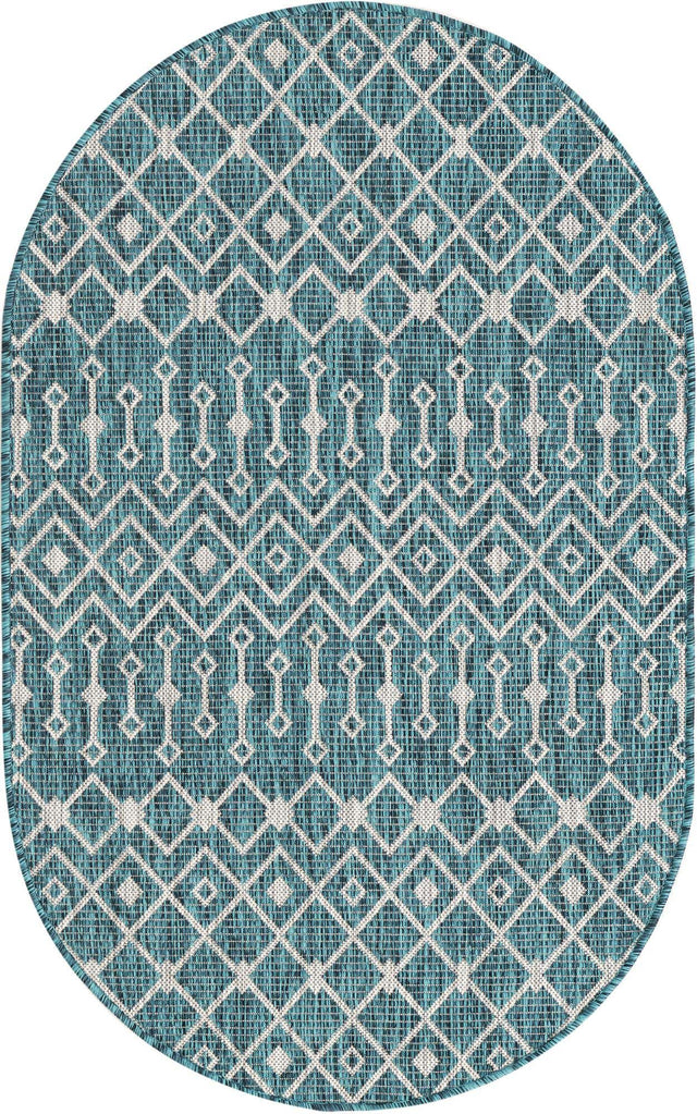 Teal 3' 1 x 5' 3 Outdoor Trellis Oval Area Rug Weather Resistant for Patio, Deck, Terrace, Balcony, Porch Geometric Design Water Safe Outside Carpet for Sale at Rug Engine
