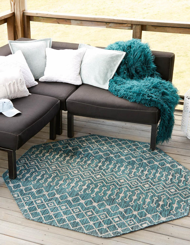 Teal 7' 10 x 7' 10 Outdoor Trellis Octagon Area Rug Weather Resistant for Patio, Deck, Terrace, Balcony, Porch Geometric Design Water Safe Outside Carpet for Sale at Rug Engine