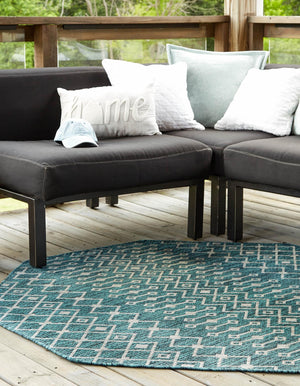 Teal 7' 10 x 7' 10 Outdoor Trellis Octagon Area Rug Weather Resistant for Patio, Deck, Terrace, Balcony, Porch Geometric Design Water Safe Outside Carpet for Sale at Rug Engine