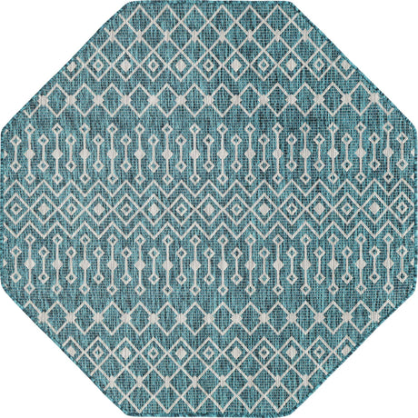 Teal 5' 3 x 5' 3 Outdoor Trellis Octagon Area Rug Weather Resistant for Patio, Deck, Terrace, Balcony, Porch Geometric Design Water Safe Outside Carpet for Sale at Rug Engine