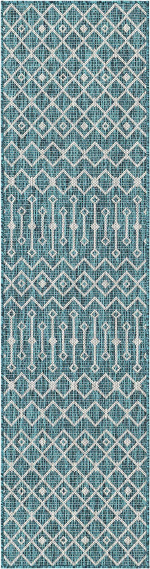 Teal 2' x 8' Outdoor Trellis Runner Area Rug Weather Resistant for Patio, Deck, Terrace, Balcony, Porch Geometric Design Water Safe Outside Carpet for Sale at Rug Engine